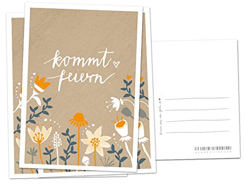 10 Einladungskarten - Kommt feiern! - Beige Orange mit Blumen, geschmackvolle Einladung zu Hochzeit, Geburtstag und Jubiläum auf hochwertigem Recyclingpapier von Eine der Guten