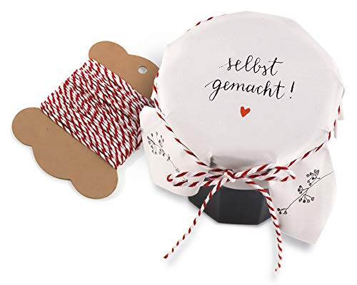 25 Marmeladendeckchen - selbstgemacht - florale Gläserdeckchen Weiß zum selbst beschriften für Eingemachtes & selbstgemachte Marmelade, Recyclingpapier Abreißblock + 10 m Garn + Justiergummi von Eine der Guten