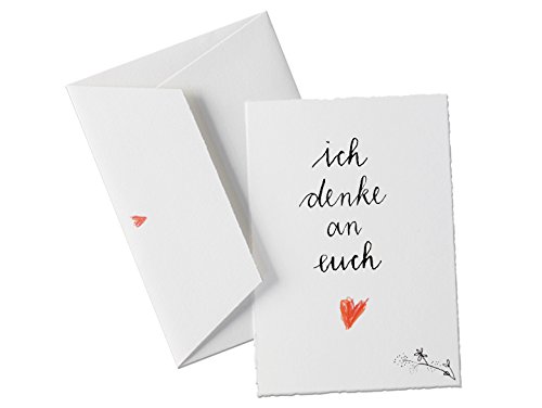 Spruch Grußkarte Trauerkarte - Ich denke an euch - Handlettering Design Klappkarte mit Umschlag, zum Mut machen, als Motivation vor wichtigen Lebensabschnitten, zum Abschied - Büttenpapier (gefranst) von Eine der Guten