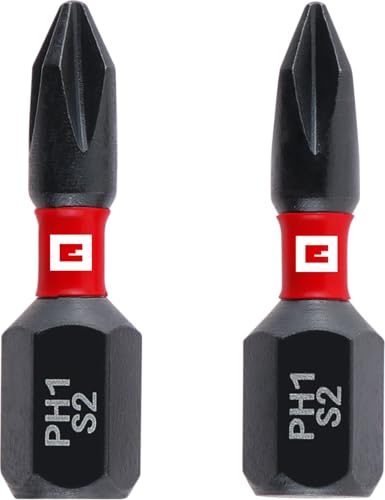 Original Einhell Impact-Bits, 2-tlg., 25 mm, PH1 (S2-Stahl, Torsionszone, effiziente Kraftübertragung, roter Farbring, C 6.3 Schaft) von Einhell