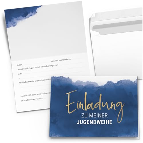 10 Einladungskarten Einladung Klappkarten Jugendweihe mit Umschlag zum selber ausfüllen - Umschläge Modern Blau Aquarell Gold Look von Einladungskarten Manufaktur Hamburg