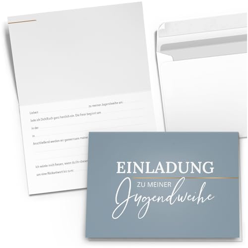 10 Einladungskarten Einladung Klappkarten Jugendweihe mit Umschlag zum selber ausfüllen - Umschläge Modern Blau Grau Look Edel von Einladungskarten Manufaktur Hamburg