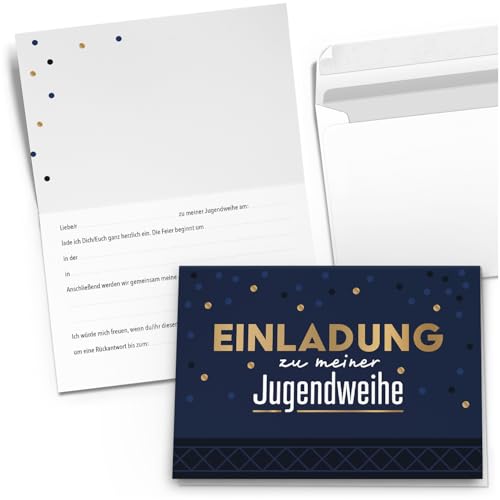 10 Einladungskarten Einladung Klappkarten Jugendweihe mit Umschlag zum selber ausfüllen - Umschläge Modern Blau Konfetti Gold Look von Einladungskarten Manufaktur Hamburg