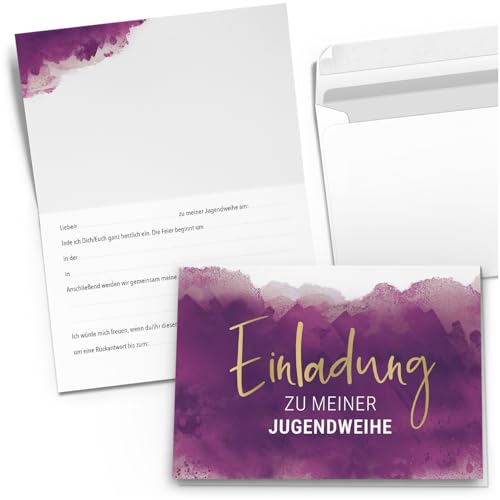 10 Einladungskarten Einladung Klappkarten Jugendweihe mit Umschlag zum selber ausfüllen - Umschläge Modern Lila Aquarell Gold Look von Einladungskarten Manufaktur Hamburg