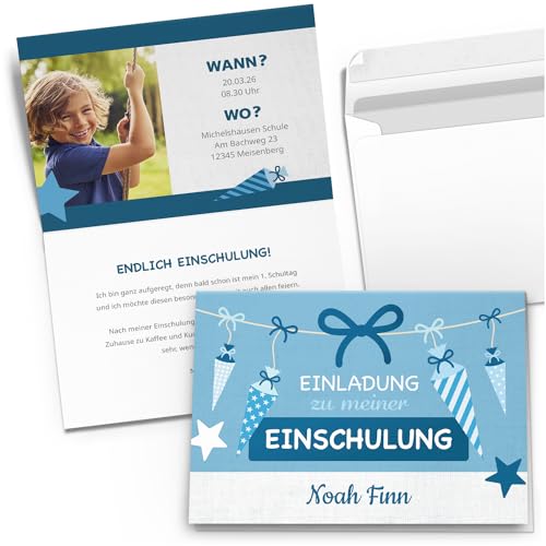 10 Einladungskarten Einschulung mit Foto und Text personalisiert mit Umschlägen Motiv Blau Schultüte Jungen Einladung von Einladungskarten Manufaktur Hamburg