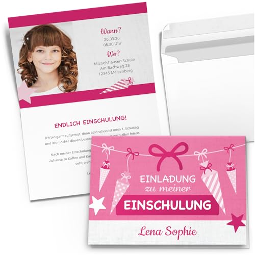 10 Einladungskarten Einschulung mit Foto und Text personalisiert Schulanfang mit Umschlägen Motiv Rosa Schultüten Mädchen Einladung von Einladungskarten Manufaktur Hamburg