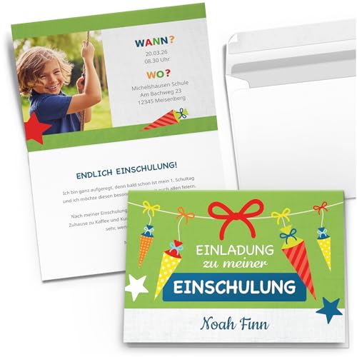 10 Einladungskarten Einschulung mit Foto und Text personalisiert mit Umschlägen Motiv Schultüte Junge Mädchen Einladung von Einladungskarten Manufaktur Hamburg