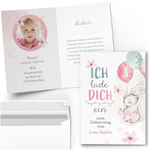 10 Einladungskarten Kindergeburtstag PERSONALISIERT mit Text und Foto | Aquarell Hase Ballons Pastell | Kinder Geburtstag Einladung individuell anpassbar mit Umschlägen von Einladungskarten Manufaktur Hamburg