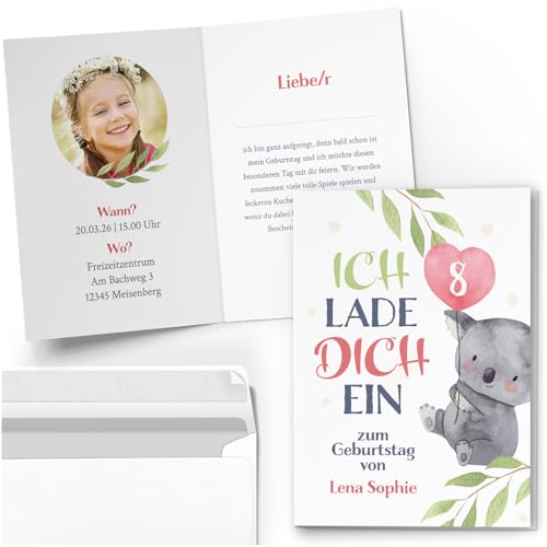 10 Einladungskarten Kindergeburtstag PERSONALISIERT mit Text und Foto | Aquarell Koala | Kinder Geburtstag Einladung individuell anpassbar mit Umschlägen von Einladungskarten Manufaktur Hamburg