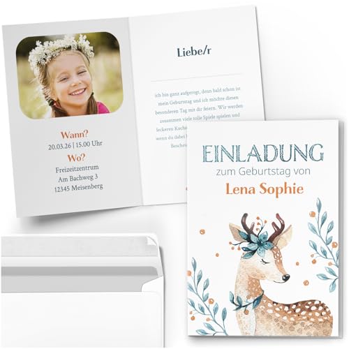 10 Einladungskarten Kindergeburtstag PERSONALISIERT mit Text und Foto | Aquarell Reh | Kinder Geburtstag Einladung individuell anpassbar mit Umschlägen von Einladungskarten Manufaktur Hamburg