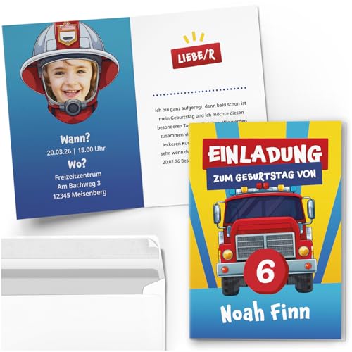 10 Einladungskarten Kindergeburtstag PERSONALISIERT mit Text und Foto | Feuerwehr Feuerwehrmann | Kinder Geburtstag Einladung individuell anpassbar mit Umschlägen von Einladungskarten Manufaktur Hamburg