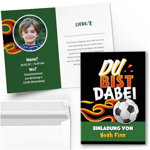 10 Einladungskarten Kindergeburtstag PERSONALISIERT mit Text und Foto | Fussball | Kinder Geburtstag Einladung individuell anpassbar mit Umschlägen von Einladungskarten Manufaktur Hamburg