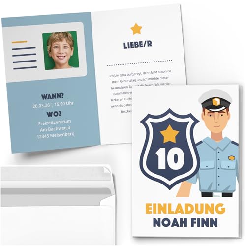 10 Einladungskarten Kindergeburtstag PERSONALISIERT mit Text und Foto | Polizist Polizei Blau | Kinder Geburtstag Einladung individuell anpassbar mit Umschlägen von Einladungskarten Manufaktur Hamburg