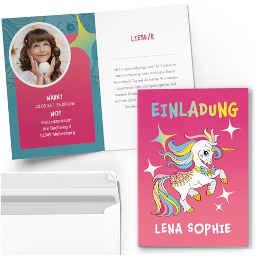 10 Einladungskarten Kindergeburtstag PERSONALISIERT mit Text und Foto | Rosa Einhorn Pony | Kinder Geburtstag Einladung individuell anpassbar mit Umschlägen von Einladungskarten Manufaktur Hamburg