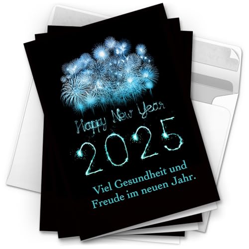 10 Neujahrskarten Grußkarten 2025 Neujahr Silvester - Klappkarten mit Umschlägen - Neujahrsgrüße Blaues Feuerwerk Happy New Year von Einladungskarten Manufaktur Hamburg