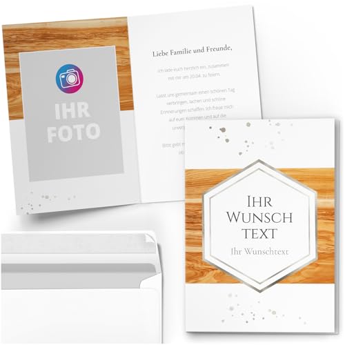 10 PERSONALISIERTE Einladungskarten für Geburtstag Hochzeit Kommunion Konfirmation Jugendweihe Einladung Karten mit eigenem Text und Foto 02 Holz von Einladungskarten Manufaktur Hamburg