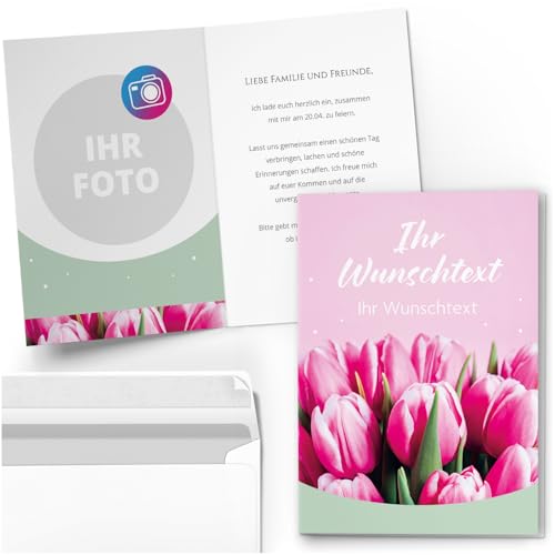 10 PERSONALISIERTE Einladungskarten für Geburtstag Hochzeit Kommunion Konfirmation Jugendweihe Einladung Karten mit eigenem Text und Foto 03 Tulpen Rosa von Einladungskarten Manufaktur Hamburg