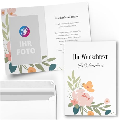 10 PERSONALISIERTE Einladungskarten für Geburtstag Hochzeit Kommunion Konfirmation Jugendweihe Einladung Karten mit eigenem Text und Foto 06 Floral von Einladungskarten Manufaktur Hamburg