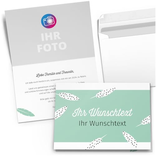 10 PERSONALISIERTE Einladungskarten für Geburtstag Hochzeit Kommunion Konfirmation Jugendweihe Einladung Karten mit eigenem Text und Foto 16 Mint Federn von Einladungskarten Manufaktur Hamburg