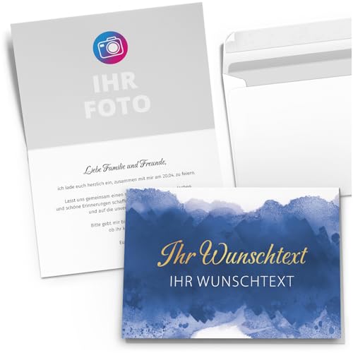 10 PERSONALISIERTE Einladungskarten für Geburtstag Hochzeit Kommunion Konfirmation Jugendweihe Einladung Karten mit eigenem Text und Foto 17 Aquarell Look Blau von Einladungskarten Manufaktur Hamburg