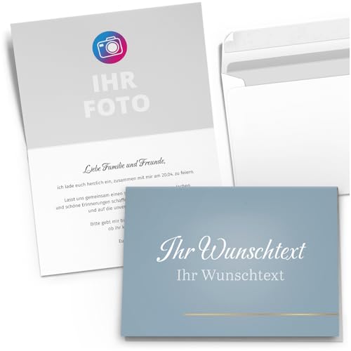 10 PERSONALISIERTE Einladungskarten für Geburtstag Hochzeit Kommunion Konfirmation Jugendweihe Einladung Karten mit eigenem Text und Foto Gold Look Blau Grau von Einladungskarten Manufaktur Hamburg