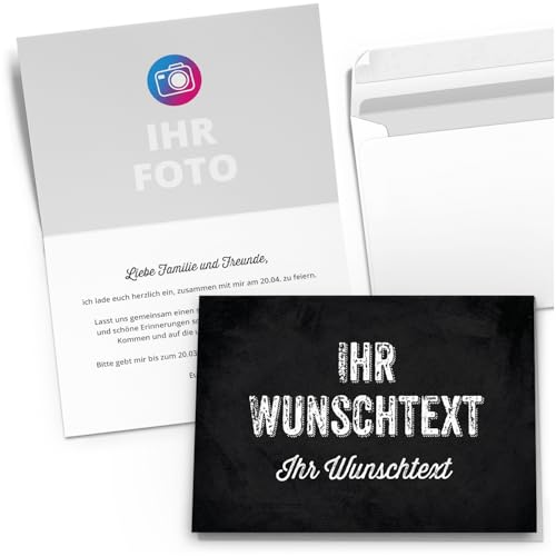 10 PERSONALISIERTE Einladungskarten für Geburtstag Hochzeit Kommunion Konfirmation Jugendweihe Einladung Karten mit eigenem Text und Foto Vintage Black Schwarz Tafel Look von Einladungskarten Manufaktur Hamburg