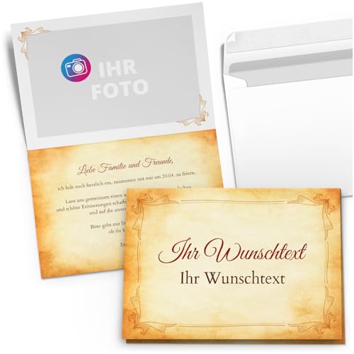 10 PERSONALISIERTE Einladungskarten für Geburtstag Hochzeit Kommunion Konfirmation Jugendweihe Einladung Karten mit eigenem Text und Foto Vintage Braun Beig von Einladungskarten Manufaktur Hamburg