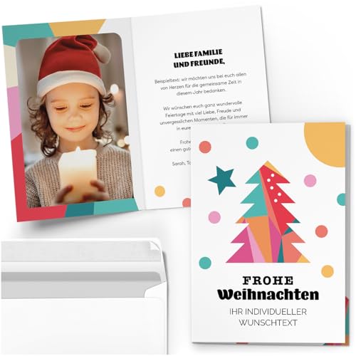 10 Personalisierte Weihnachtskarten mit Ihrem Text und Foto - Bunter Baum Modern - individueller Weihnachtsgruß Grußkarte Weihnachten Klappkarten mit Umschlägen von Einladungskarten Manufaktur Hamburg