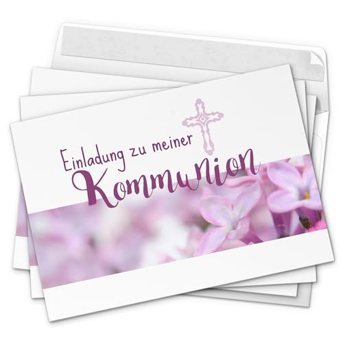 10 x Einladungskarten Kommunion mit Umschlag/Einladung für Mädchen mit rosa Blüten/Kommunionskarten/Einladungen zur Feier von Einladungskarten Manufaktur Hamburg