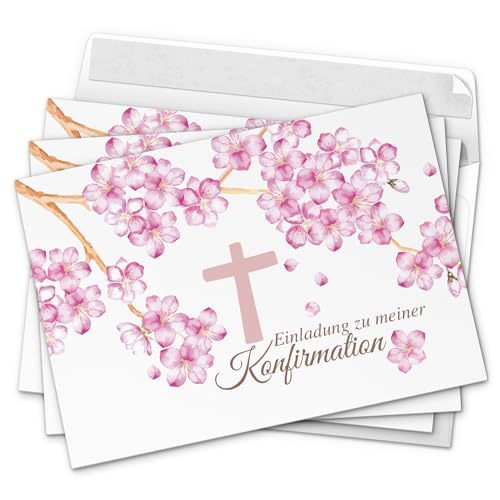 10 x Einladungskarten Konfirmation mit Umschlag/Rosa Blüten mit Kreuz/Konfirmationskarten/Einladungen zur Feier von Einladungskarten Manufaktur Hamburg