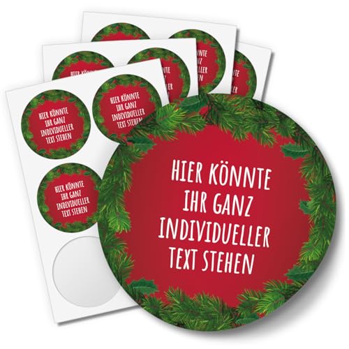 24 Weihnachtsaufkleber PERSONALISIERT mit Ihrem Text für Geschenke und Produkte zu Weihnachten - Aufkleber Etiketten Geschenkaufkleber rund, Motiv Tannen rot von Einladungskarten Manufaktur Hamburg