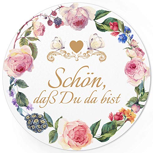 24 runde Design Etiketten - Schön, dass Du da bist Aufkleber für Gastgeschenke - Motiv: Rosen und Blumenkranz romantisch schön von Einladungskarten Manufaktur Hamburg