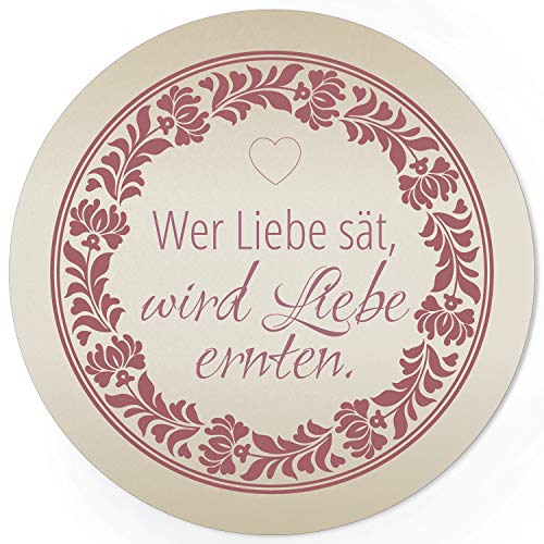 24 runde Design Etiketten - Wer Liebe sät, wird Liebe ernten - Aufkleber für Gastgeschenke - Motiv: dunkelrot Blumenkranz edel und elegant von Einladungskarten Manufaktur Hamburg