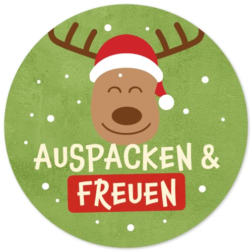 48 Geschenkaufkleber Weihnachten - AUSPACKEN UND FREUEN Rentier - Weihnachtsaufkleber Aufkleber für Geschenke Etiketten rund 4cm von Einladungskarten Manufaktur Hamburg