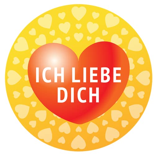 48 kleine runde Etiketten Thema Liebe, Valentinstag, Hochzeit mit Motiv Ich liebe Dich rot auf Gelb Herz von Einladungskarten Manufaktur Hamburg