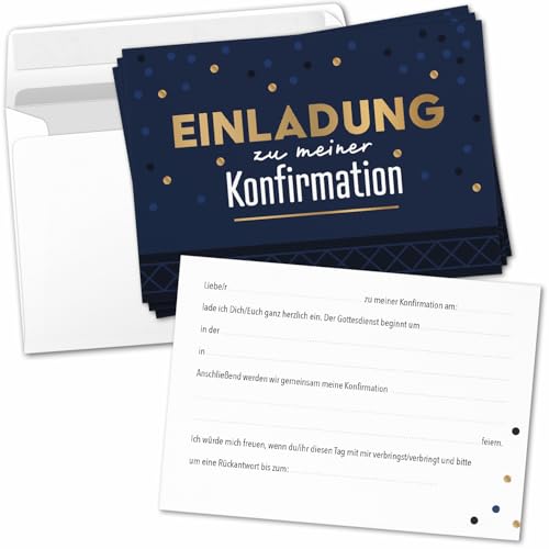 8 Einladungskarten Einladung Konfirmation mit Umschlag zum selber ausfüllen - Kirche Konfi Einladungen Postkarten Umschläge Modern Blau Gold Look von Einladungskarten Manufaktur Hamburg