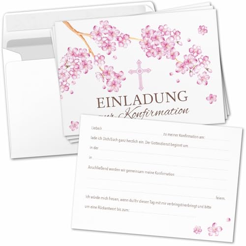 8 Einladungskarten Einladung Konfirmation mit Umschlag zum selber ausfüllen - Kirche Konfi Einladungen Postkarten Umschläge Modern Kirschblüte von Einladungskarten Manufaktur Hamburg