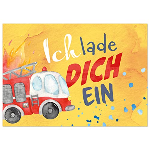 8 Einladungskarten Kindergeburtstag mit Umschlägen, Aquarell Feuerwehr Feuerwehrmann, Karte Geburtstag Einladung zum Ausfüllen von Einladungskarten Manufaktur Hamburg