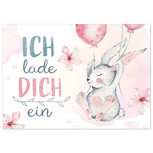 8 Einladungskarten Kindergeburtstag mit Umschlägen, Aquarell Hase niedlich rosa, Karte Geburtstag Einladung zum Ausfüllen von Einladungskarten Manufaktur Hamburg