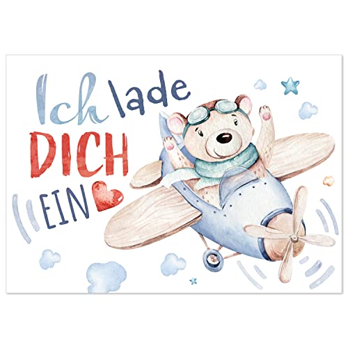 8 Einladungskarten Kindergeburtstag mit Umschlägen, Kuschel Bär fliegt Flugzeug, Karte Geburtstag Einladung zum Ausfüllen von Einladungskarten Manufaktur Hamburg