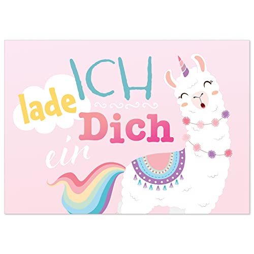 8 Einladungskarten Kindergeburtstag mit Umschlägen, Lama Rosa Regenbogen Einhorn, Karte Geburtstag Einladung zum Ausfüllen von Einladungskarten Manufaktur Hamburg