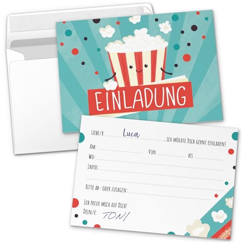 8 Einladungskarten Kindergeburtstag mit Umschlägen, Popcorn Kino Film, Karte Geburtstag Einladung zum Ausfüllen von Einladungskarten Manufaktur Hamburg