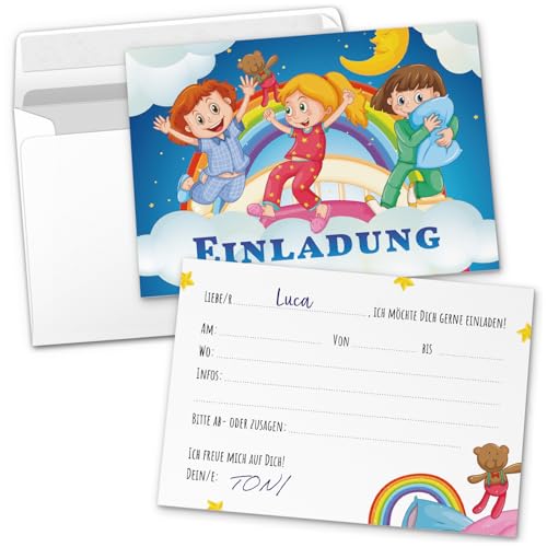 8 Einladungskarten Kindergeburtstag mit Umschlägen, Übernachtung Pyjama Schlafen, Karte Geburtstag Einladung zum Ausfüllen von Einladungskarten Manufaktur Hamburg