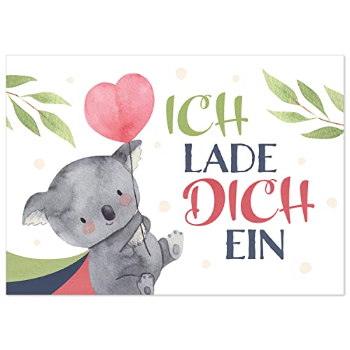 8 Einladungskarten Kindergeburtstag mit Umschlägen, kleiner Koala Bär niedlich mit Herz, Karte Geburtstag Einladung zum Ausfüllen von Einladungskarten Manufaktur Hamburg