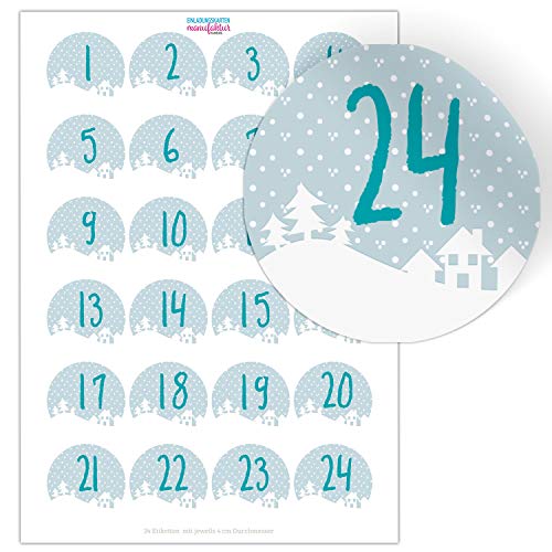 Adventskalender-Zahlen Aufkleber 1 bis 24 / Weihnachts Landschaft/Etiketten/Sticker/Weihnachtskalender/Advent/Rund/DIY/zum Aufkleben von Einladungskarten Manufaktur Hamburg