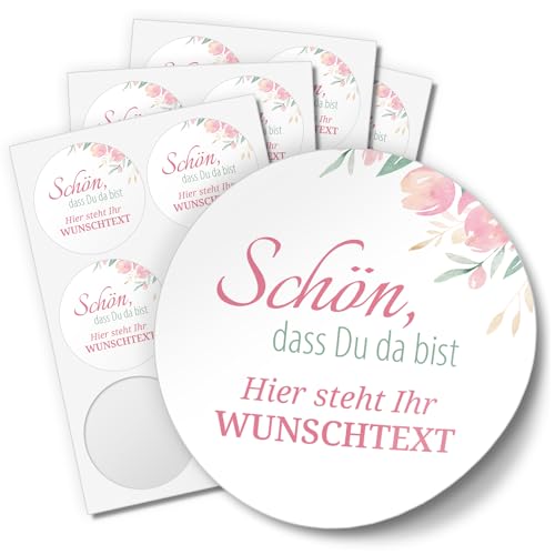 Einladungskarten Manufaktur Hamburg 24 PERSONALISIERTE Aufkleber Schön dass Du da bist individualisiert anpassbar mit Ihrem Wunschtext Etiketten rund 4cm, rosa Blumen von Einladungskarten Manufaktur Hamburg