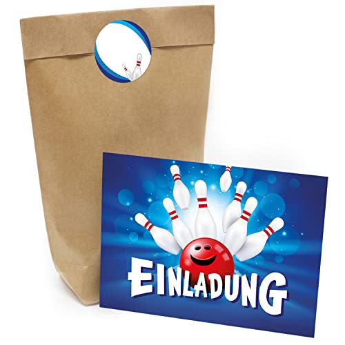 Kindergeburtstag Einladung Set mit je 8 Einladungskarten, Umschlägen, Tüten und Aufkleber - Bowling Kegeln Party Pins von Einladungskarten Manufaktur Hamburg