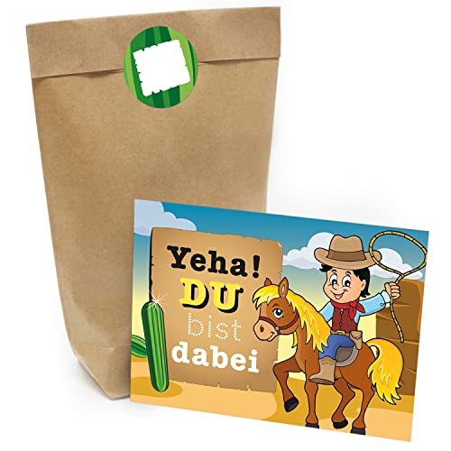 Kindergeburtstag Einladung Set mit je 8 Einladungskarten, Umschlägen, Tüten und Aufkleber - Cowboy mit Pferd von Einladungskarten Manufaktur Hamburg