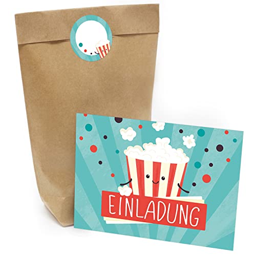 Kindergeburtstag Einladung Set mit je 8 Einladungskarten, Umschlägen, Tüten und Aufkleber - Kino Film Popcorn Party von Einladungskarten Manufaktur Hamburg