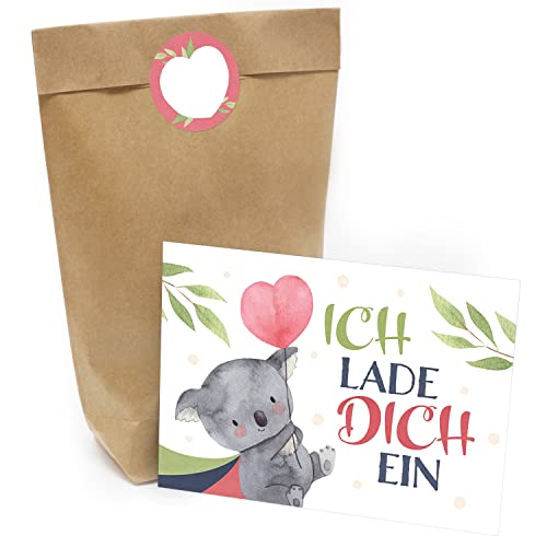 Kindergeburtstag Einladung Set mit je 8 Einladungskarten, Umschlägen, Tüten und Aufkleber - Koala Bär mit Herz von Einladungskarten Manufaktur Hamburg